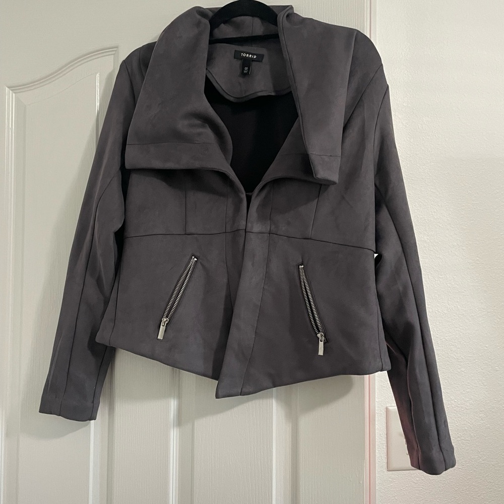 Torrid Gray Leather Jacket Cropped Structured Collar
